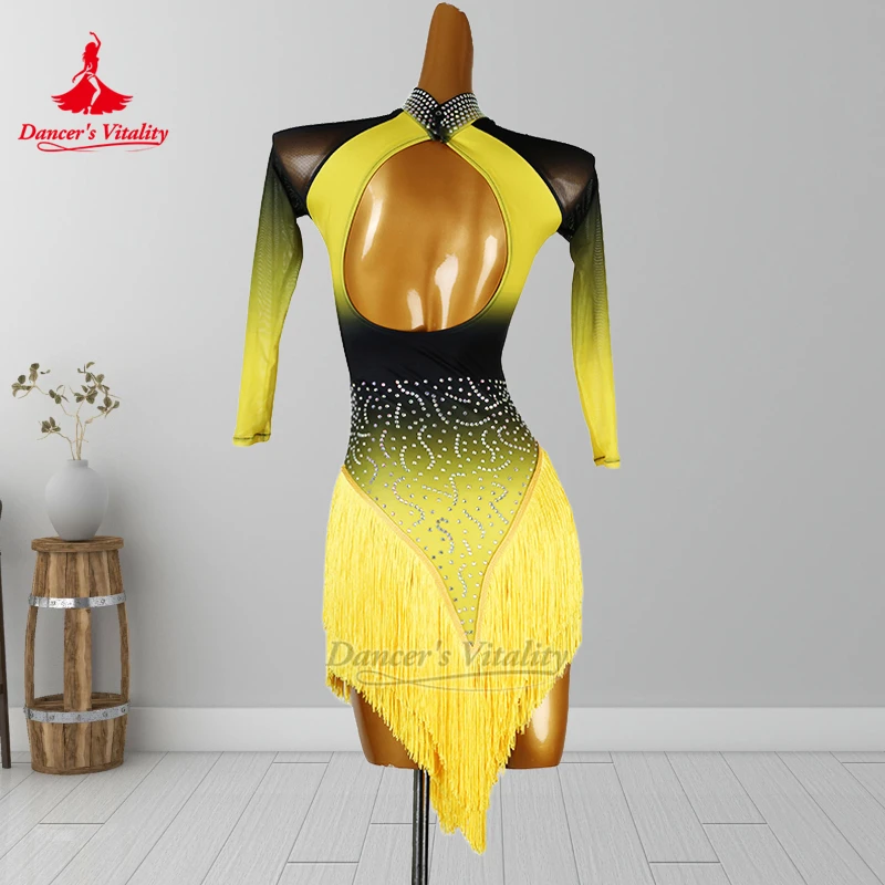 Lateinisch Schwarz-Gelb Abstufung Farbe Chacha Stehkragen Quasten Rock Kind Erwachsene Kunstprüfung Kleiden Anpassen Dancer's Vitality