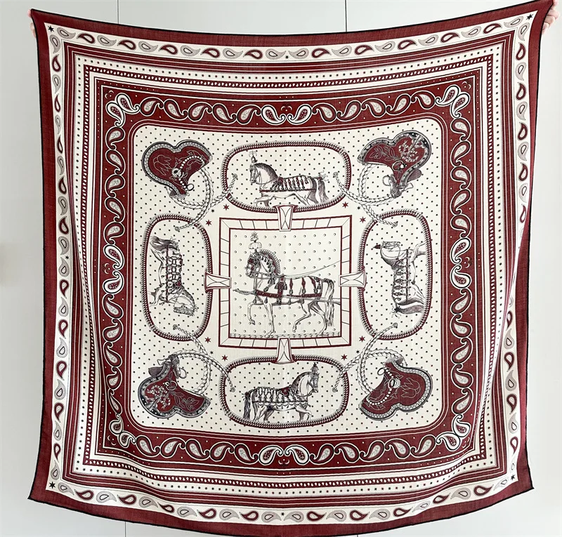 Horse Winter Silk Wool Scarf 135cm Luxury Large Pashmina Square Hand-Rolled Shawls for Women Stole Head Hair Accessories