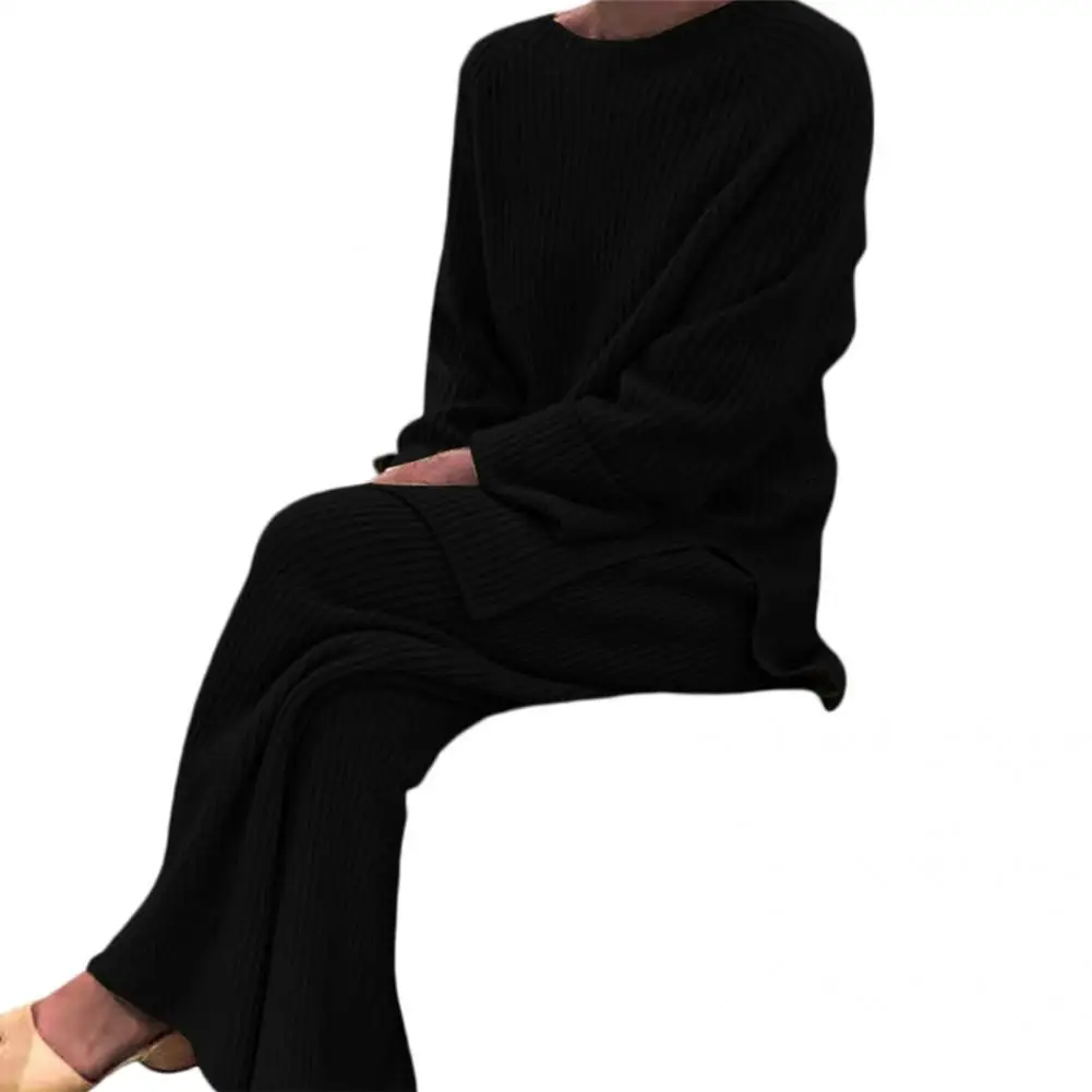 Elegant O-neck Side Slit Pullover Long Sleeve Sweater+wide Leg Pants 2 Piece Sets Womens Autumn Solid Color Casual Sweatshirts