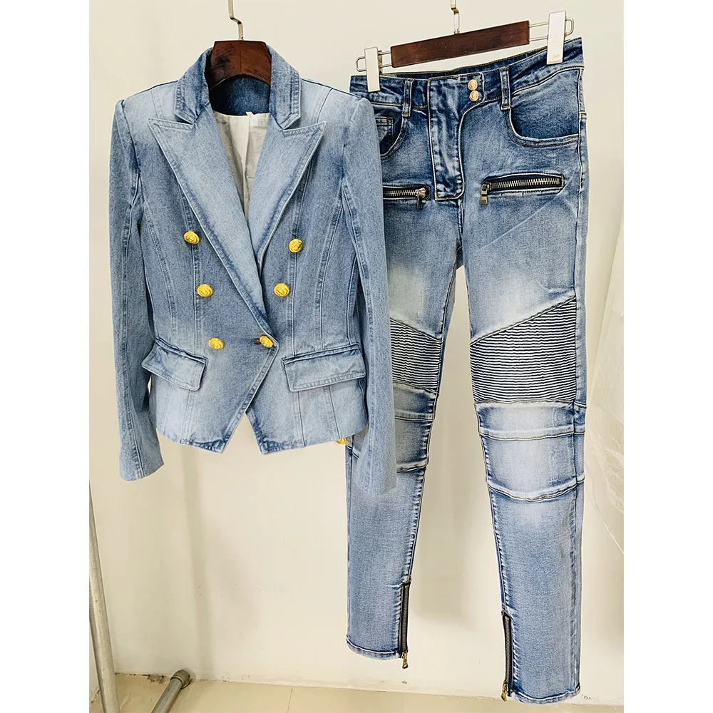 HIGH STREET Designer Runway Ladies 2 Pieces Suit Set Women's Double Breasted Denim Blazer + Motorcycle Biker Jeans Pants Suit