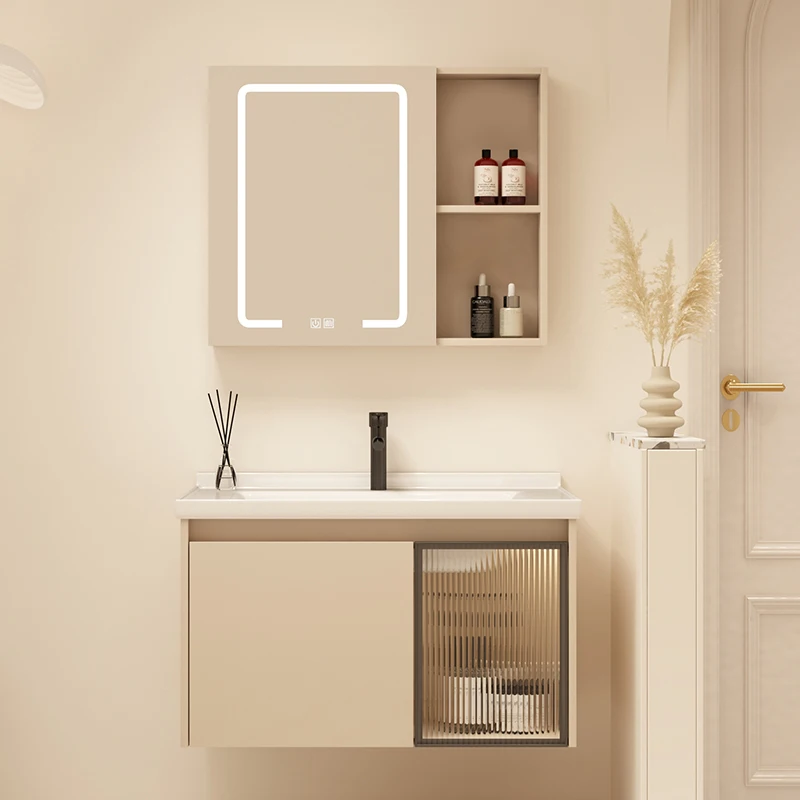 

Space Aluminum Bathroom Cabinet Cream Wind Hand Washbasin Combined Toilet Wash Ceramic Integrated Basin