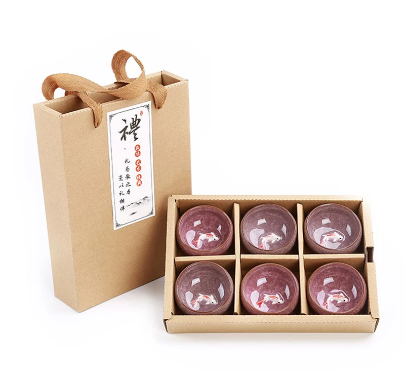 Gift Package 6pcs 3D Golden Fish China tea cup set,Kung Fu Tea Set Crackle Glaze Travel Tea Bowl Chinese Teacup Sets view 5