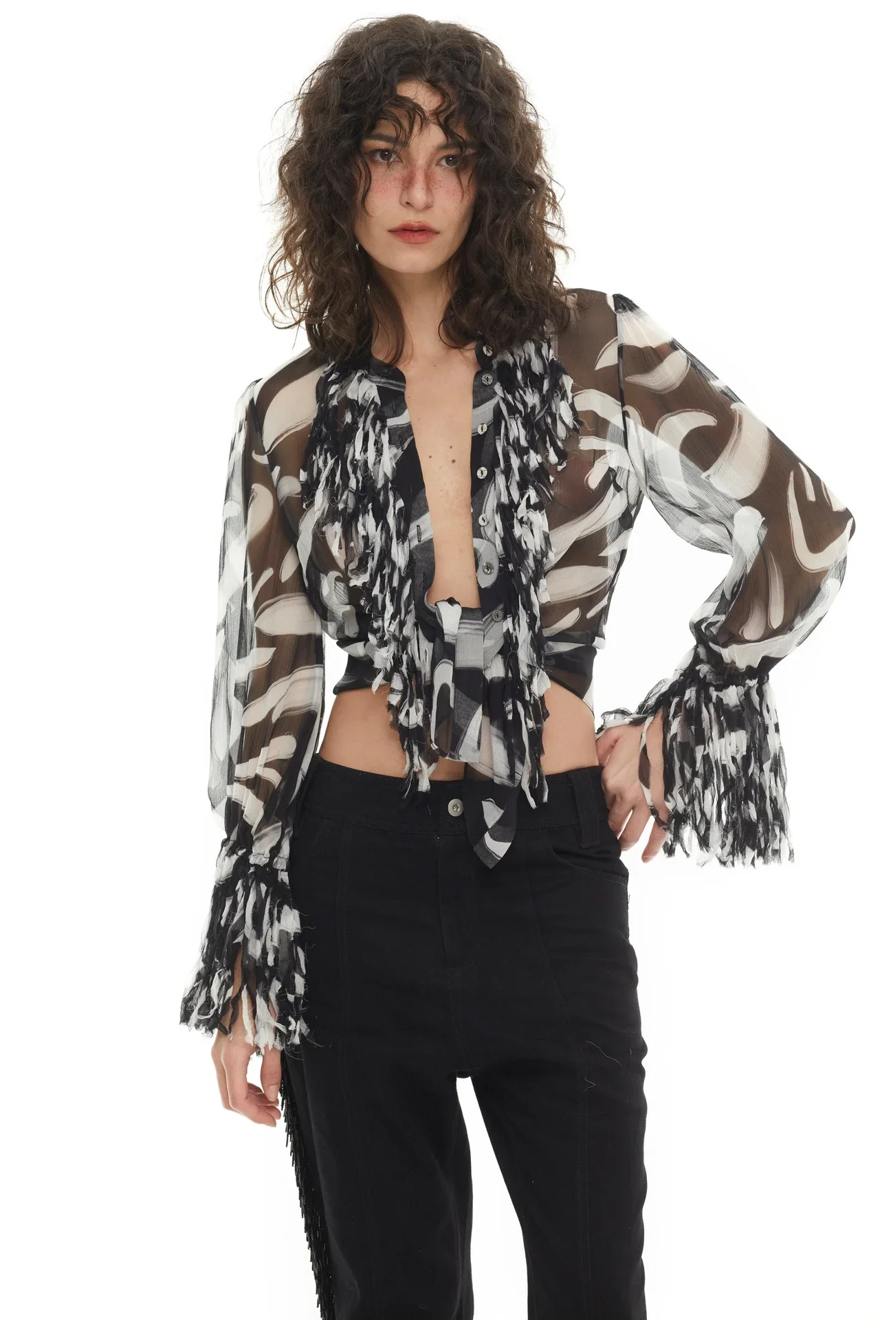 

Women Shirt Single Breasted Long Sleeve Tassels Fashion Silk Blouse blouse women