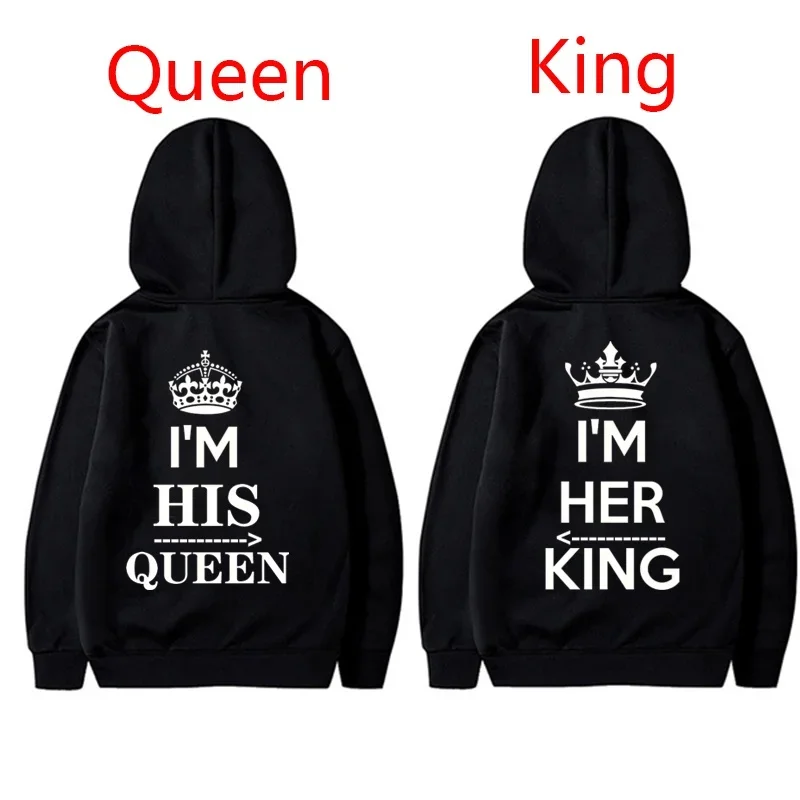 NEW Couples Hoodies I\'M HIS QUEEN And I\'M HER KING Print Hooded Long Sleeve Couple Queen King Sweatshirt Women Men Pullover