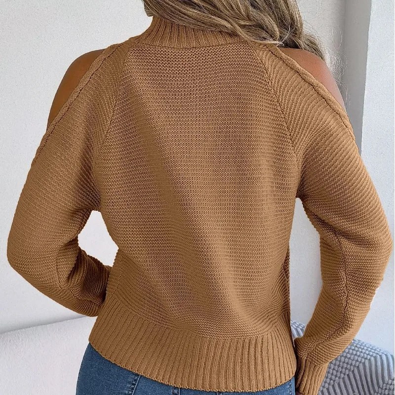 Autumn and Winter Women\'s Pullover High Neck Long Sleeve Solid Off Shoulder Hollow Fried Dough Loose Fashion Casual Sweater Tops