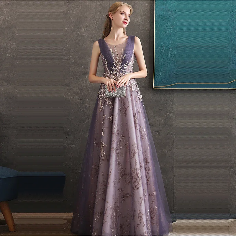 Evening Dress Purple Tulle Bling Appliques O-Neck Floor-Length Sleeveless A-Line Plus size Women Party Formal Gown Customization