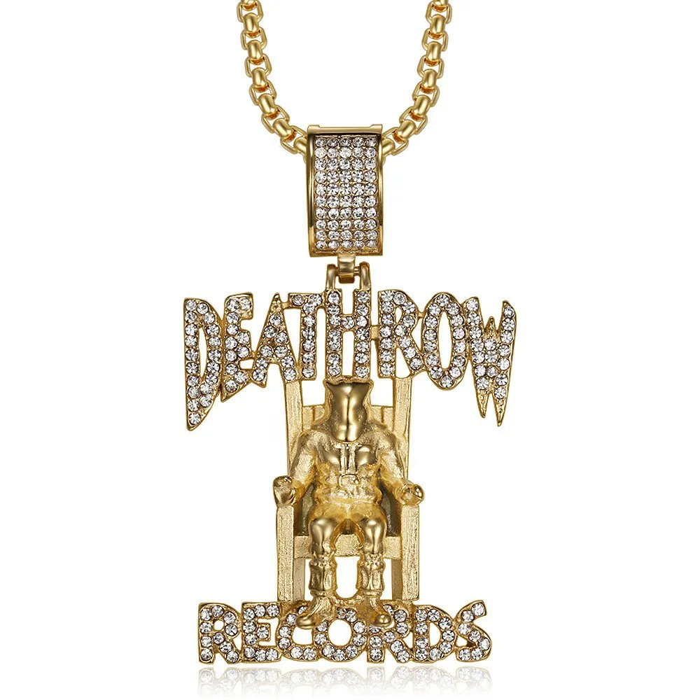 Hip Hop Zircon Iced Out Pendant Necklace DEATH ROW RECORDS Stainless Steel 18K Gold Plated Crystal Jewelry for Men Gift