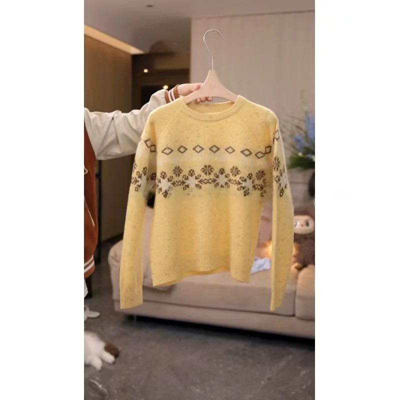 

Женский вязаный свитер Fair Isle с винтажным цветочным узором, круглым вырезом, свободного кроя, зимний, в британском университетском стиле, шерстяной вязаный топ