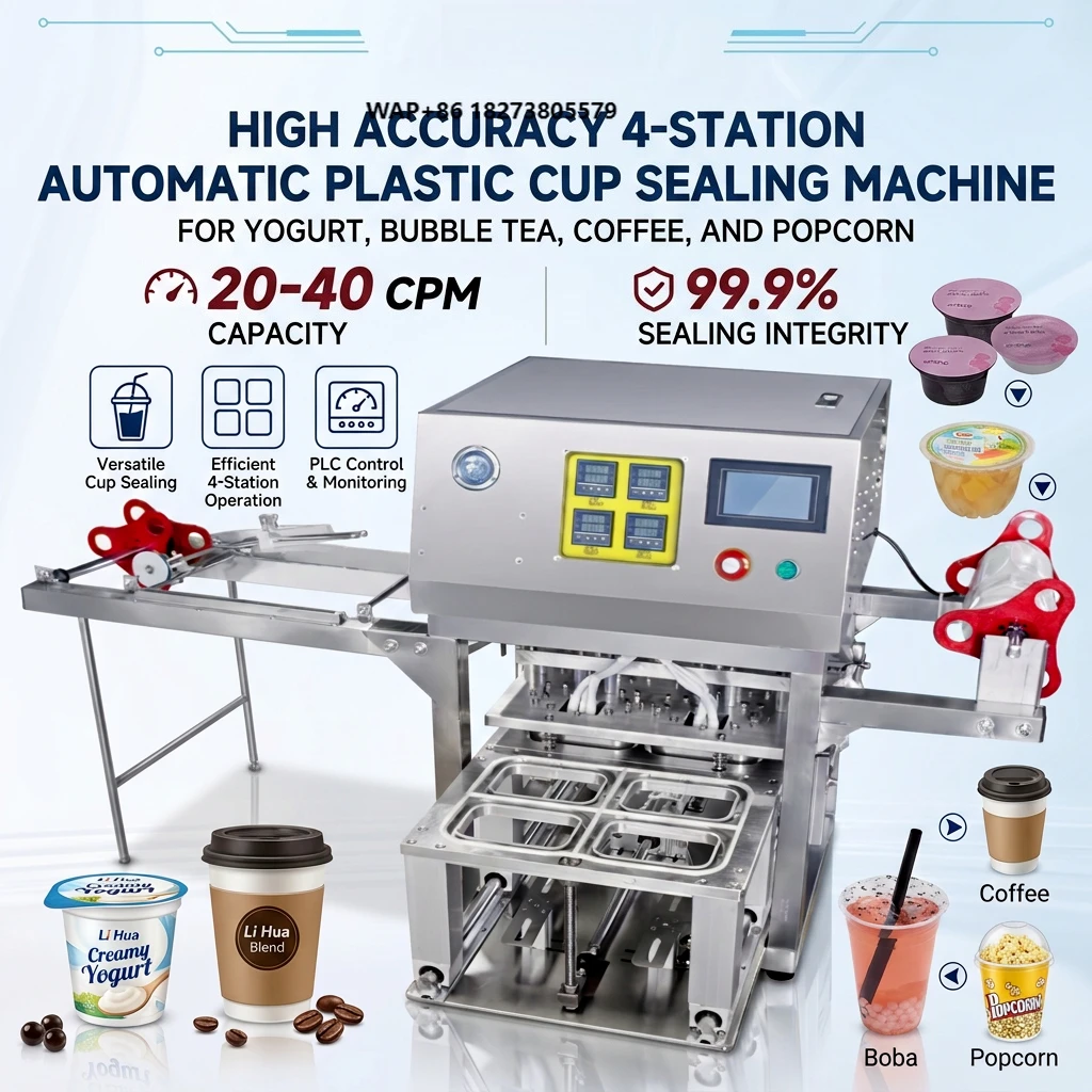 Customized Electric Semi Auto Four-station Yogurt Bubble Tea Coffee Popcorn Plastic Cup Sealing Machine with Wood Case Packaging