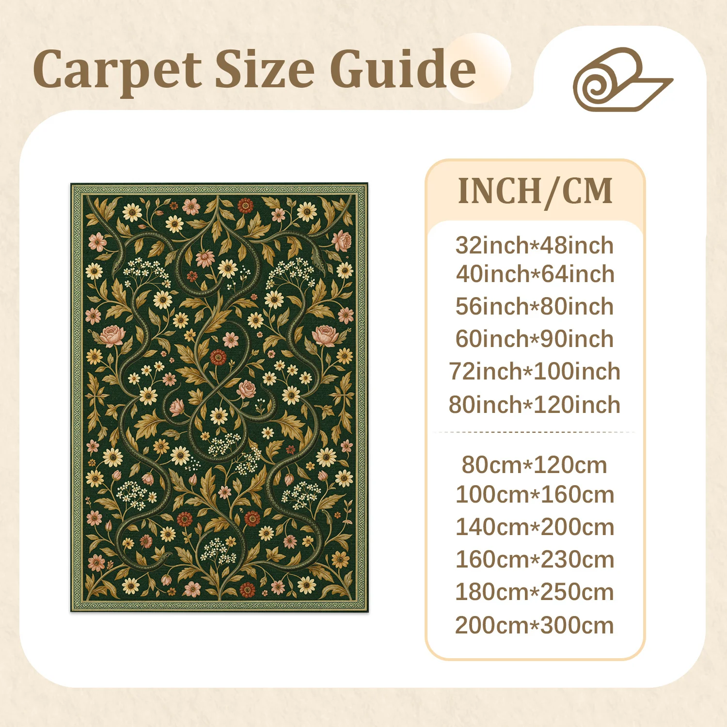 Vintage Snake and Floral Pattern Area Rug, Velvet Material Machine Washable, Ideal for Living Room Bedroom Dining Room, Perfect for Halloween Thanksgiving Christmas New Year Black Friday Cyber Monday
