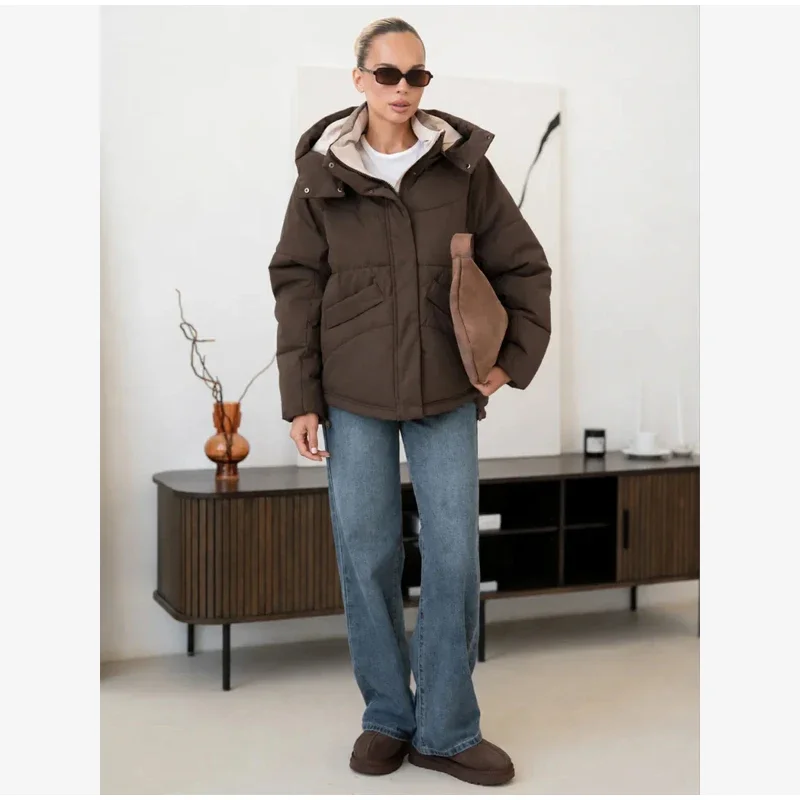 Dark Brown Hooded Padded Outerwear Minimalist Drawstring Long Sleeve Loose Coat 2026 Winter New Daily Outdoor Casual Jackets