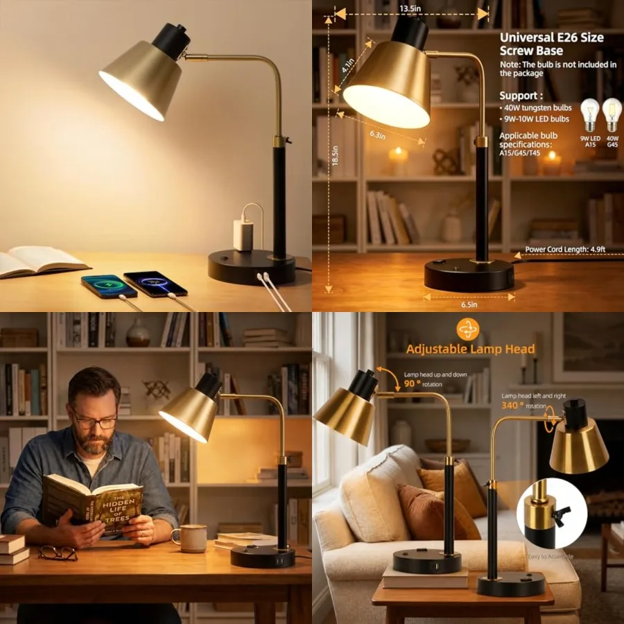 

Desk Lamp with Dual USB Charging Port, Heavy Duty Metal Table Lamp, 340 Degree Swivel Arms, Easy Assembly with Cord Guide, Read