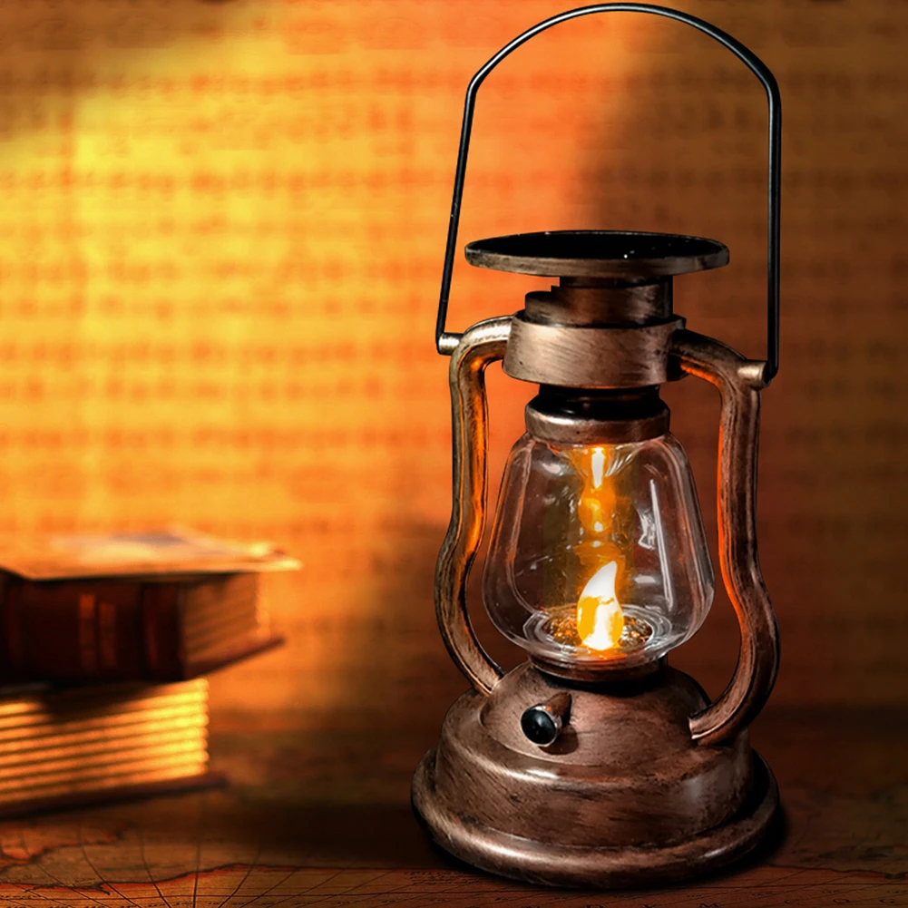 Solar Powered Antique Table Lamps Portable Retro Nightstand Light 300mAh Built-In Battery for Outdoor Fishing Hiking