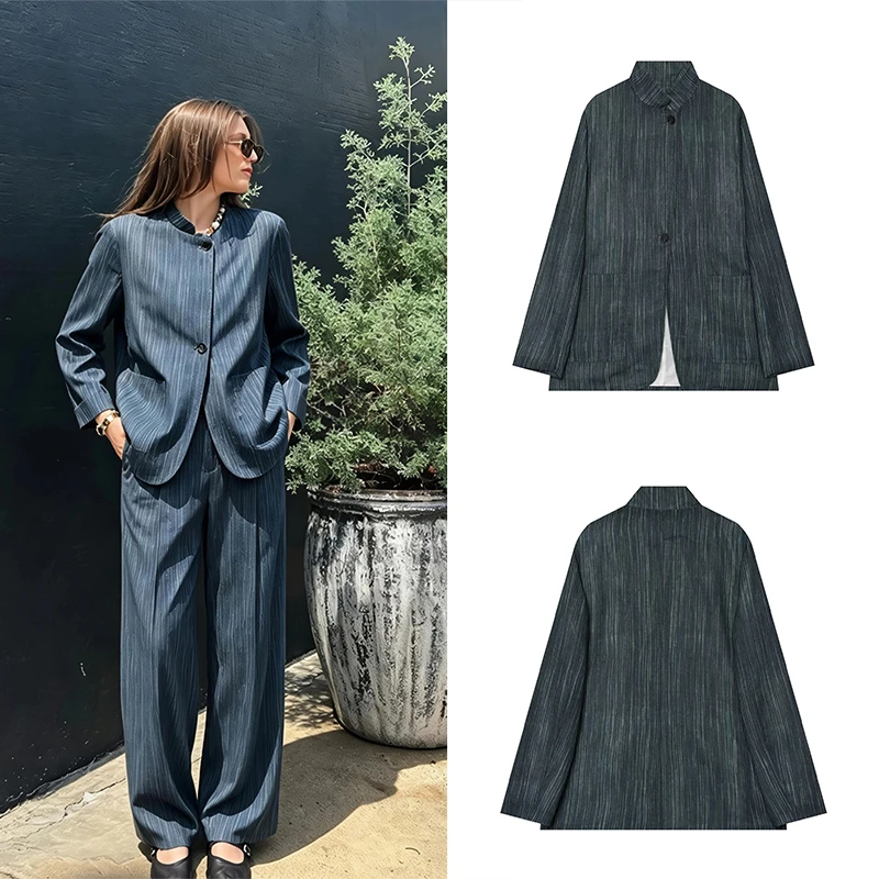 Guobioziy Women's Linen Striped Blazer 2026 Spring-Autumn New Model Solid Color Button Design Euro-American Casual Street Daily