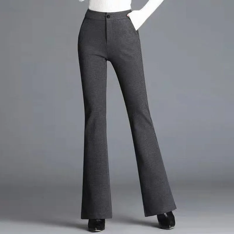 

Casual High Waist Solid Gray Slim Woolen Flared Pants Korean Style Classic Pants Female Formal Chic Big Size 4XL Flare Trousers