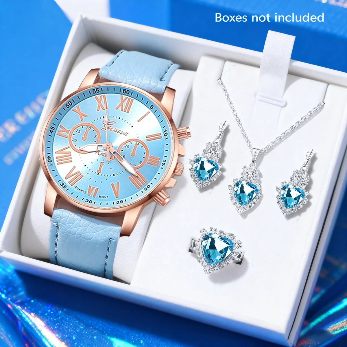 Fashion women's quartz watch and jewelry set, PU leather strap, alloy case watch