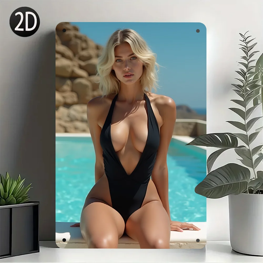 Retro Iron Wall Art - Sexy Bikini Beauty by the Poolside, for Man Caves, Bars, Garages - Decorative Metal Sign,