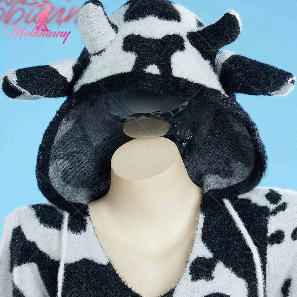 US Stock Mobbunny Women Sexy Lingerie Fluffy Homewear Bodycon Romper Black and White Cow Pattern Hooded Bodysuit view 6