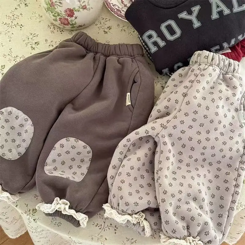 2026 New Winter Toddlers Kids Casual Thicken Trousers Printed Lace Patchwork Baby Girls Warm Pants 1-6 Yera