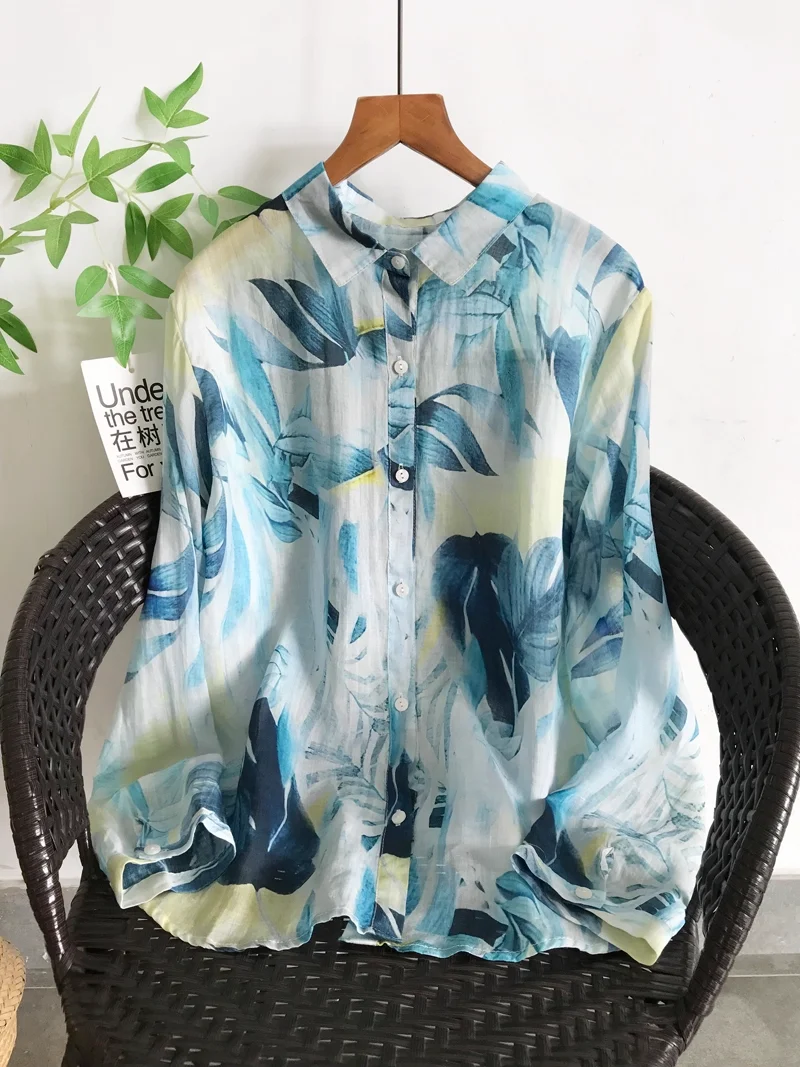 

2025 Elegant chic woman top pure ramie blue leaves print shirts long sleeve tops for women Hawaiian shirt ladies tops