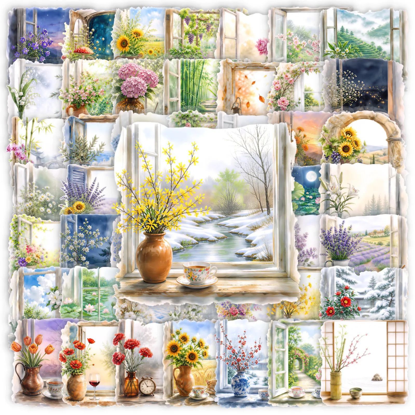 50 PCS Exquisite Window View Flower Four Seasons Scenery Stickers Decorate Window Fridge Scrapbook Phone Case Laptop Vinyl Decal