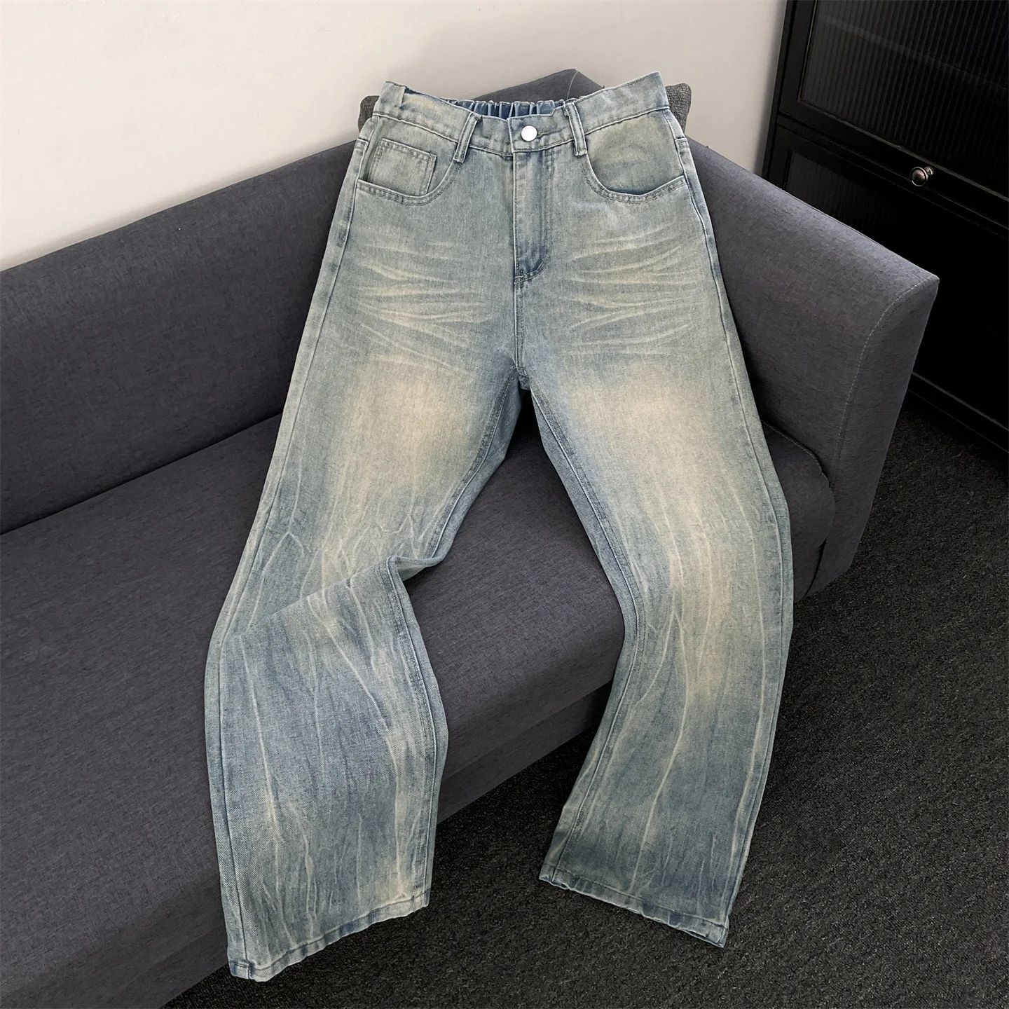 

Heavy Duty Lightning Pattern Men's High Street Washed Jeans Straight Leg Loose Fit Slimming Long Trousers Casual Style