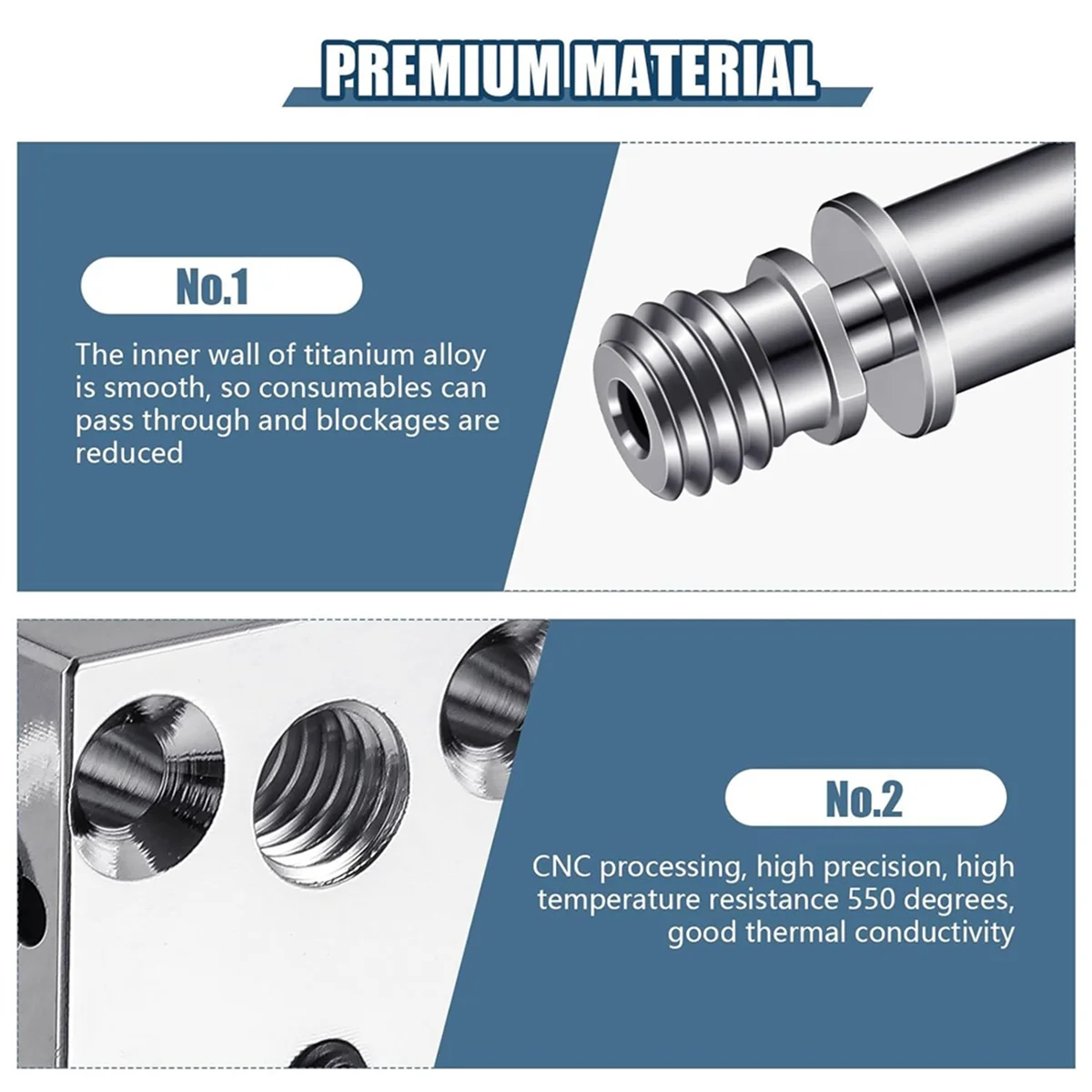 1 고온 CR-10 도금 구리 히터 블록, 2 티타늄 합금 히트 브레이크 열 배럴 튜브