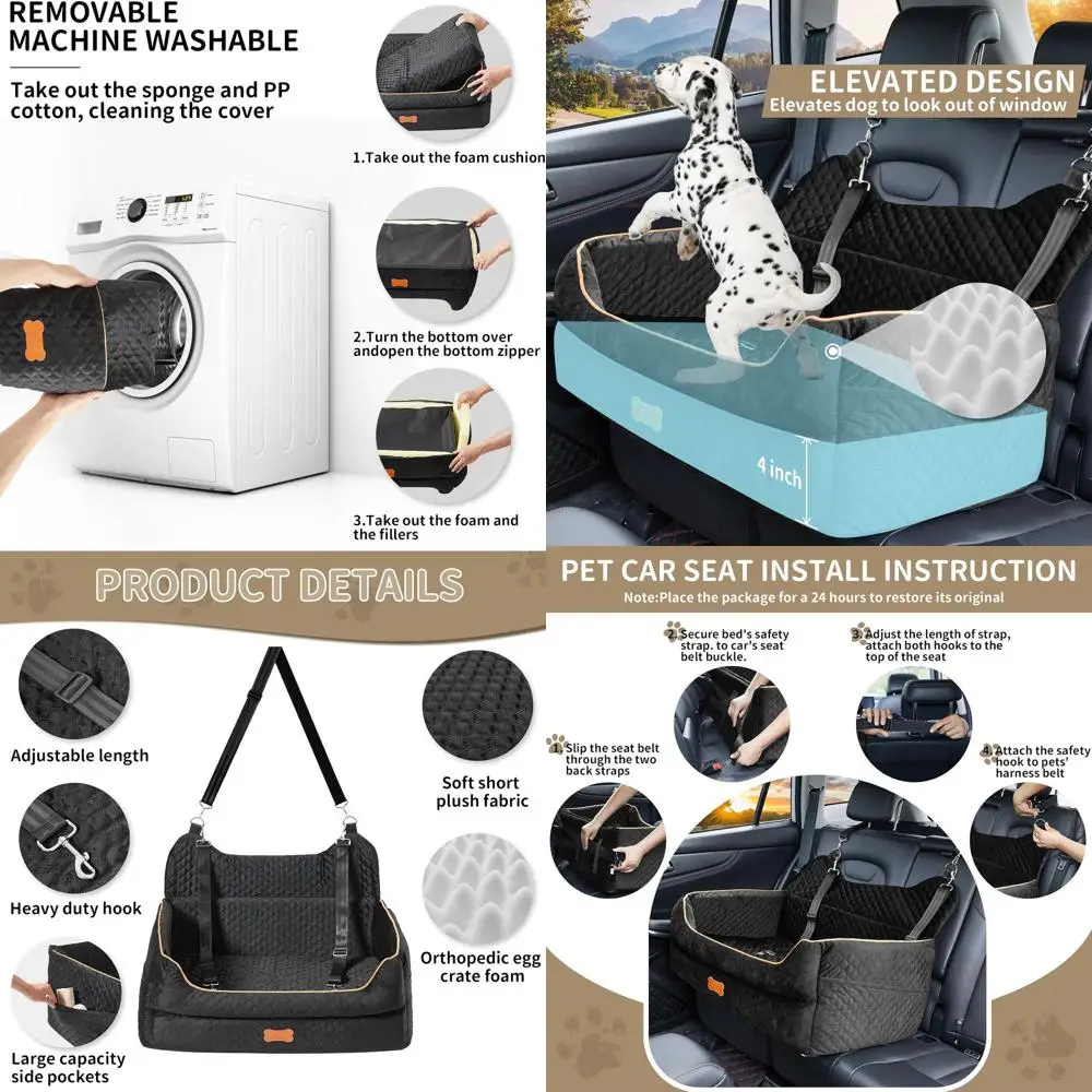 

Memory Foam Dog Booster Seat for Large/Medium Dogs, Under 55 Lbs - Removable & Washable Travel Bed with Cushion & Pockets, Black