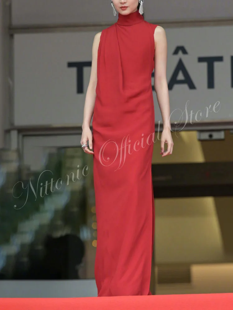 

Long Celebrity Evening Dresses for Woman Simple High Neck Sleeveless Floor-Length Side Slit Formal Occasion Prom Party