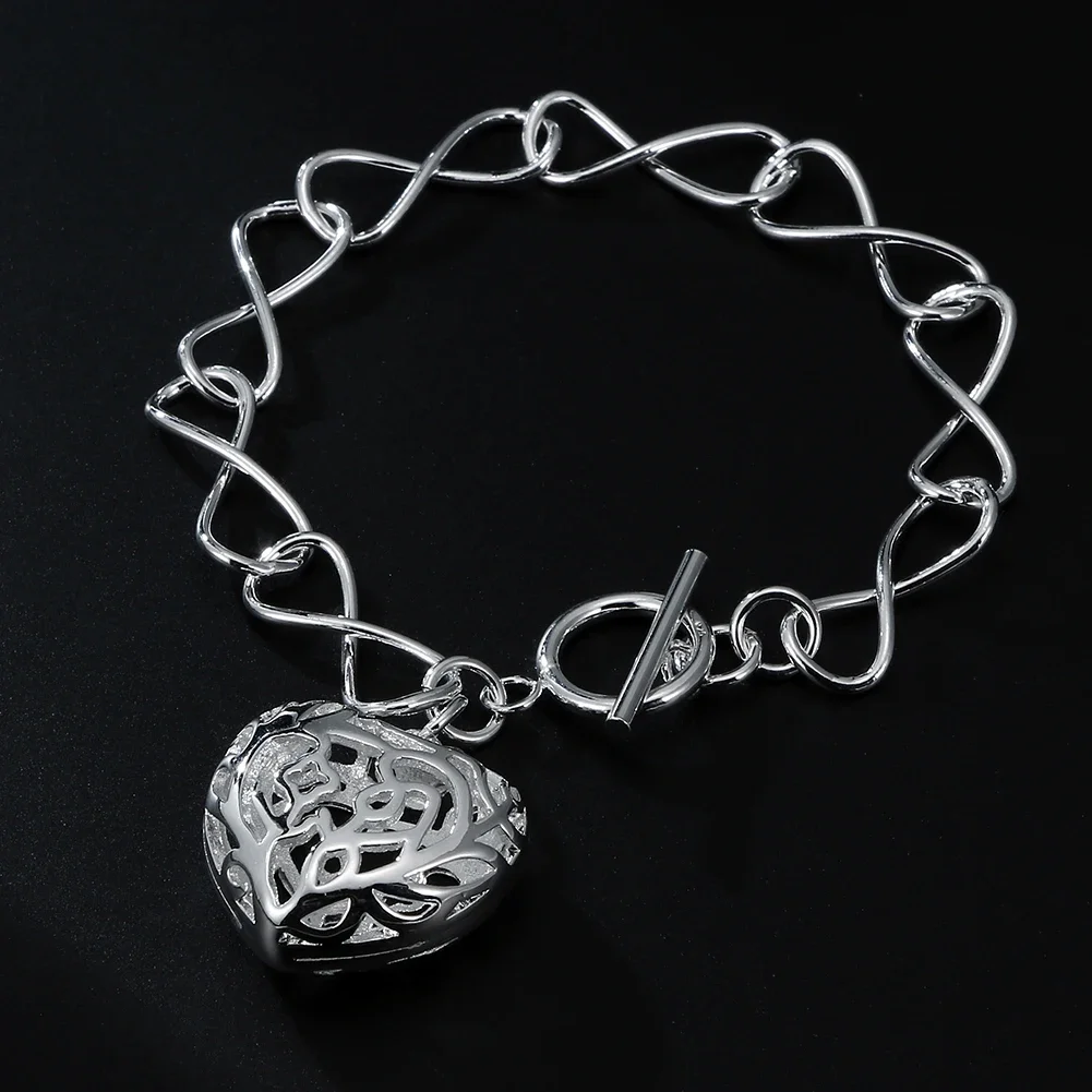 

New 925 Sterling silver Beautiful hollow heart Bracelets for women fashion party Wedding charms jewelry Couple gifts