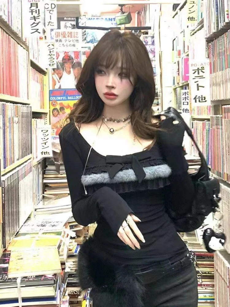 

HOUZHOU Coquette Sexy Kawaii T Shirts Women Korean Style Y2k Vintage Streetwear Bow Patchwork Square Collar Slim Tees Tops 2025