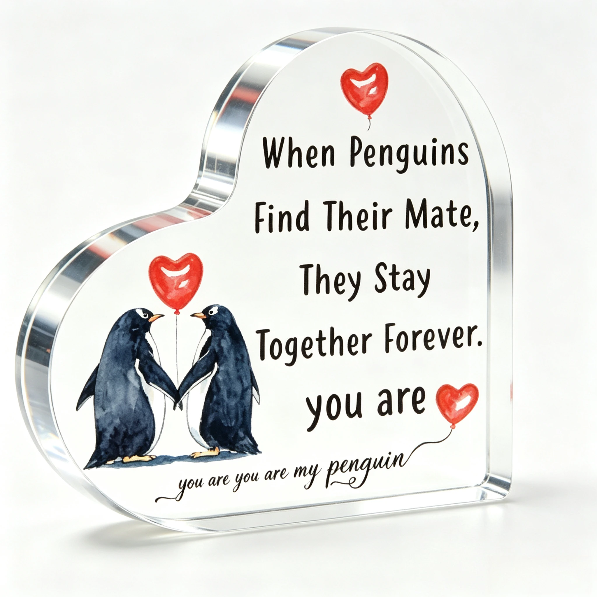 You Are My Penguin Heart‑Shaped Acrylic Tabletop Plaque, Watercolor Penguin Couple Red Heart Balloon Romantic Desk Keepsake Gift