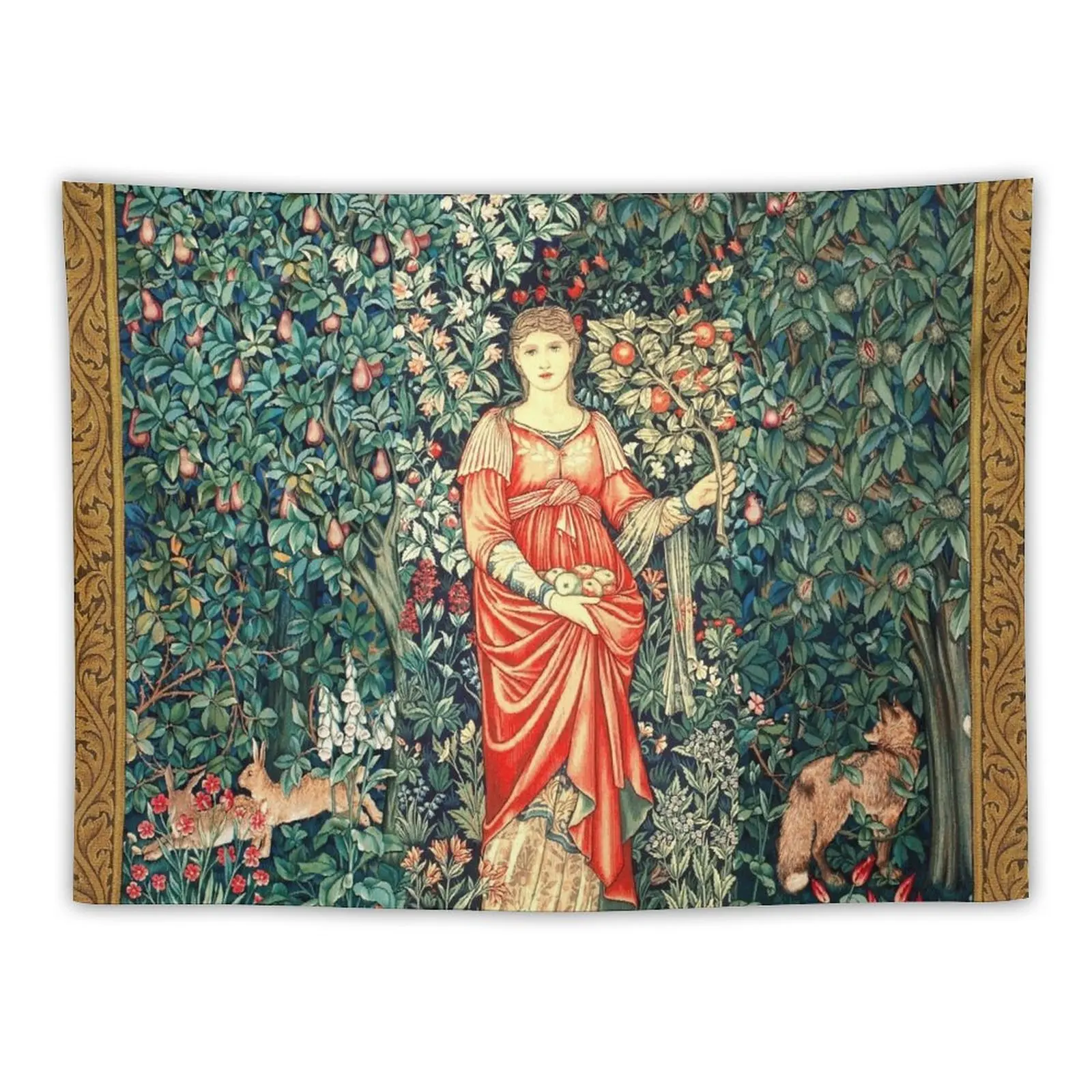 

POMONA GODDESS OF ABUNDANCE HOLDING FRUITS IN GREENERY, FOREST ANIMALS Fox,Hares Red Blue Green Floral Tapestry