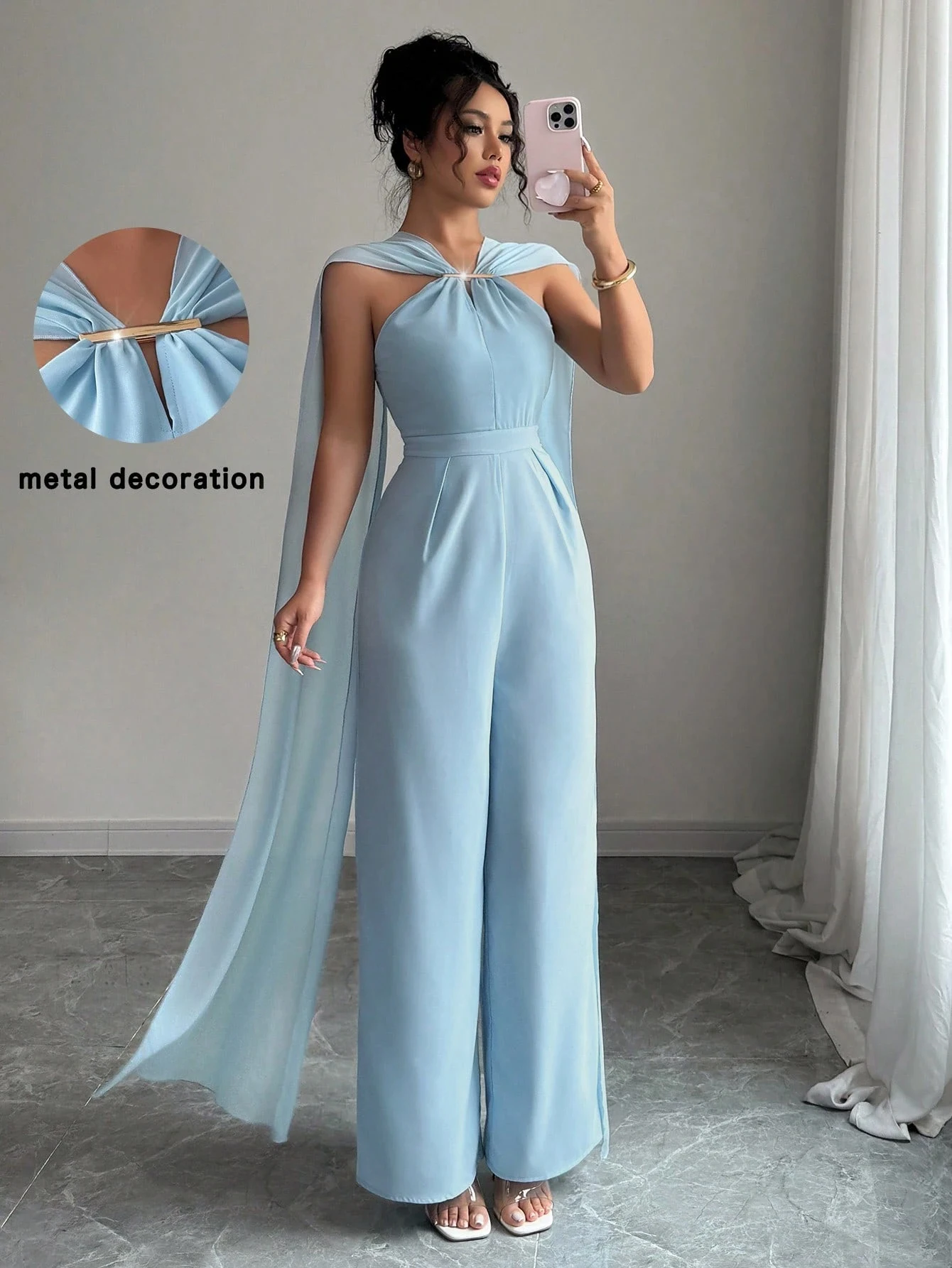 

Женский весенне-летний элегантный темпераментный синий комбинезон без рукавов с подвесным воротником, облегающий сексуальный комбинезон