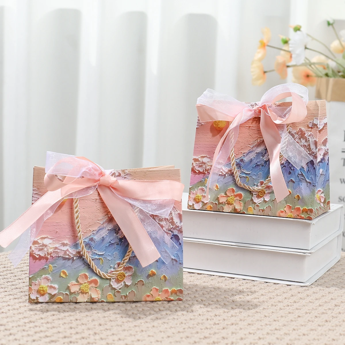 Flower Gift Pakcaging Bag 3D Cloud Oil Painting Paper Bag Valentine's Day Birthday Wedding Party Favor Bag Clothes Store Handbag