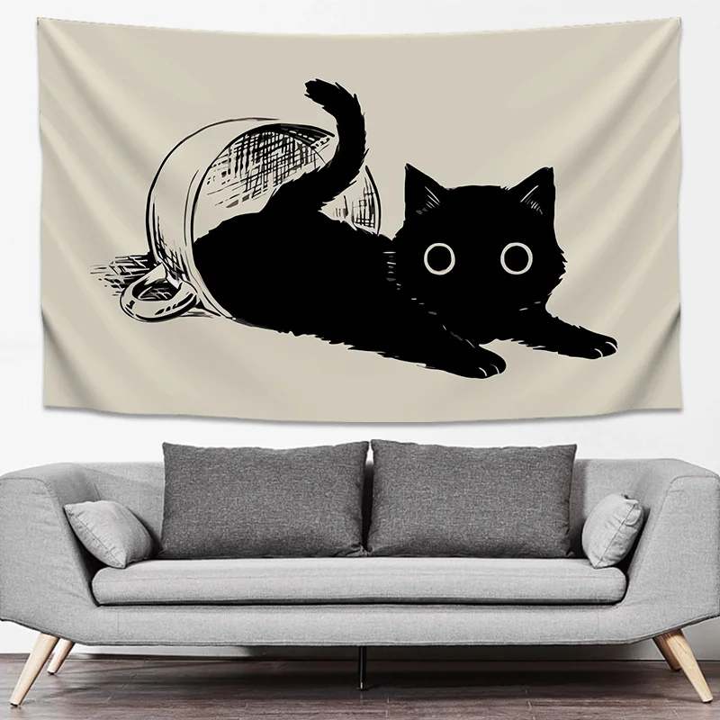 VIKAMA Vintage Black Cat Basket Tapestry Wall Hanging Minimalist Retro Kitty Beige Aesthetic Wall Art Bedroom Dorm Decor