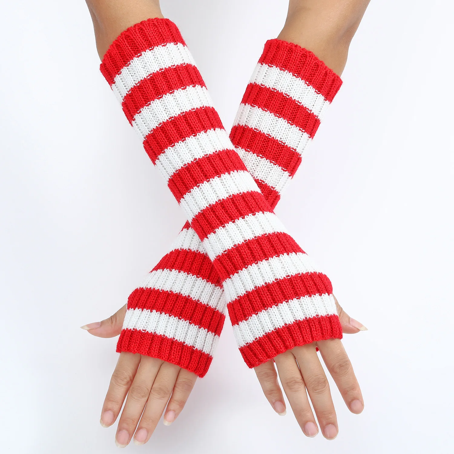 

Autumn Winter Knitted Arm Warm Gloves Goth Arm Warmers Half Finger Long Wrist Gloves False Sleeves Stripe Elbow Mittens