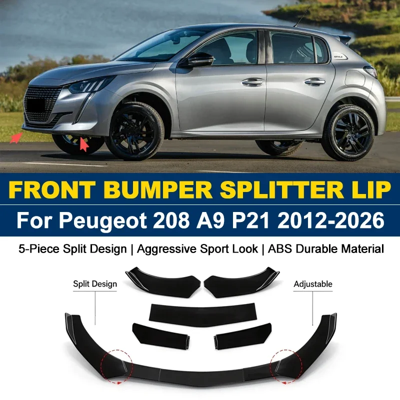 5Pcs ABS Front Bumper Canard Lip Splitter Spoiler Body Kit For Peugeot 208 A9 P21 2012-2026 2013 Car Styling Tuning Accessories