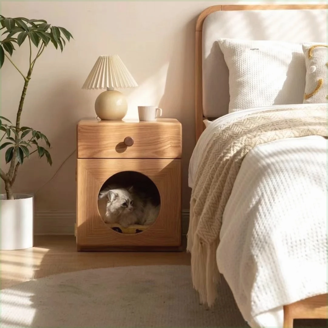 The product can be customized. Solid wood, bedroom bedside table cat house integrated bedside table