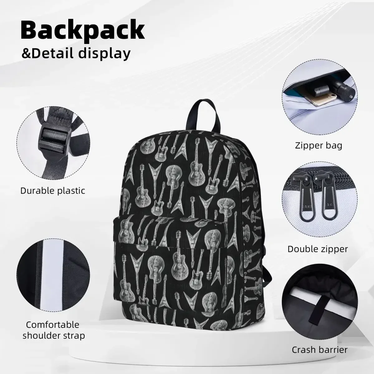 Guitars Pattern Guitarist Dad Idea Backpack Boys Girls Bookbag Cartoon Kids Rucksack Laptop Rucksack Shoulder Bag Large Capacity