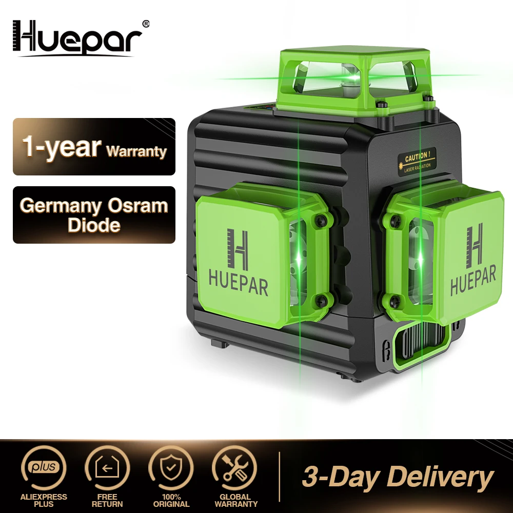 Huepar B03CG 12 Lines Laser Level 3D Self Leveling High Brightness Green Horizontal And Vertical Cross Line Laser With Hard Case