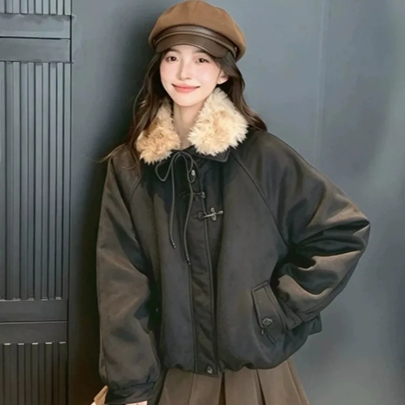 2026 new cotton jacket for women trendy short style suede fabric padded jacket warm lapel winter student mujer cotton wadded