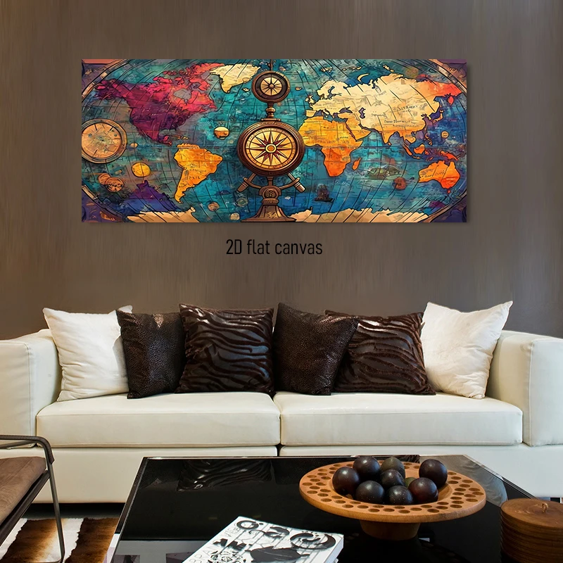 1 piece of vintage globe decorative painting, nautical theme canvas painting, world map compass, 2D plane