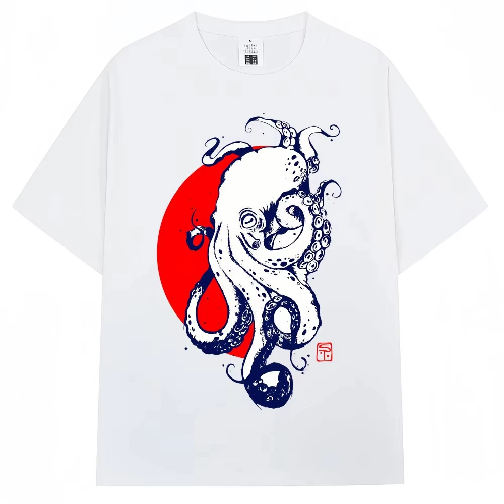 Japanese Style Cat Octopus Print T Shirt Vintage Fashion Kawaii Men Women High Quality T-shirt Oversized Cotton Casual T-shirts