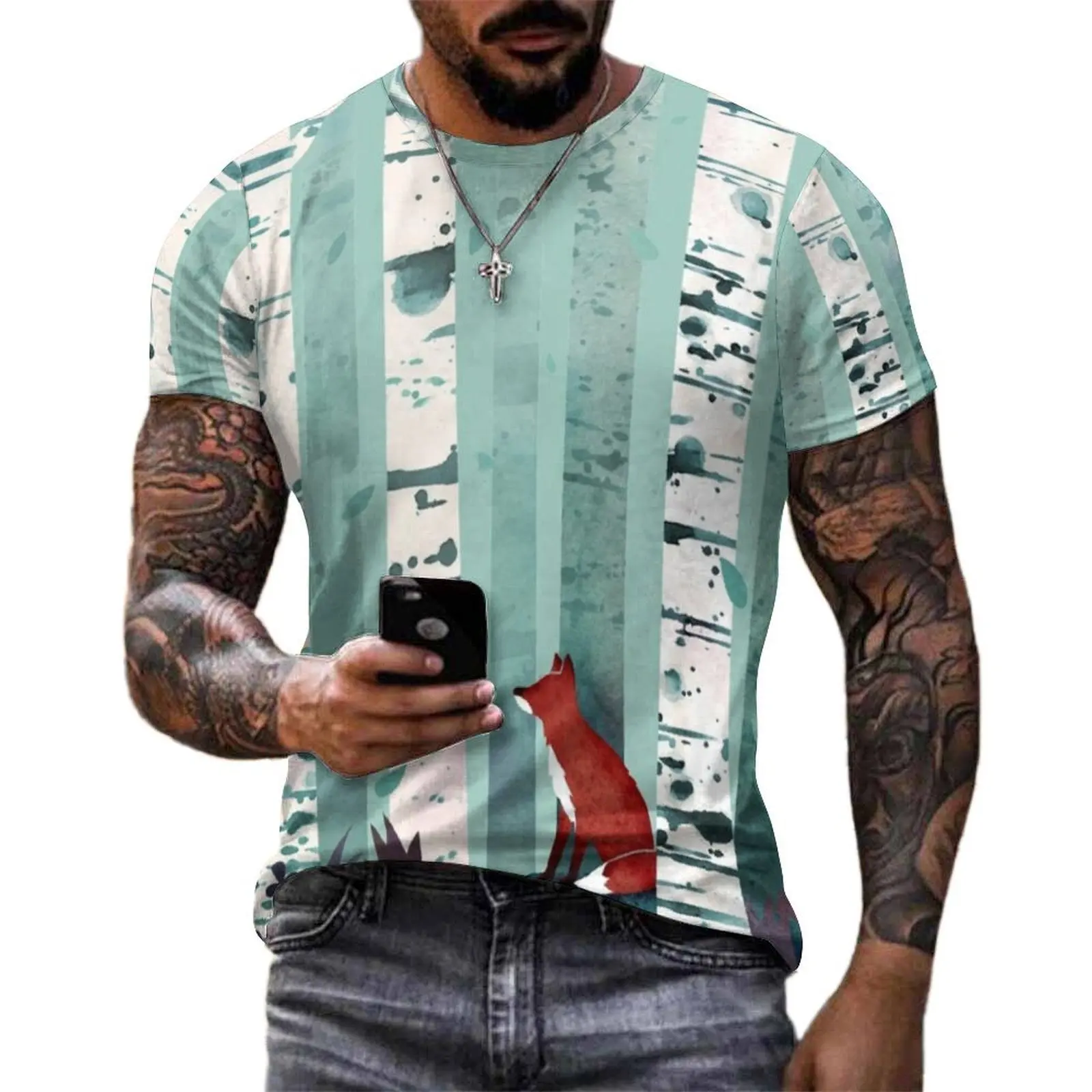 Red Fox Print T-Shirt For Mens The Birches Print O Neck T Shirts Beach Harajuku Clothes Short Sleeve Plus Size Tee Shirt Present