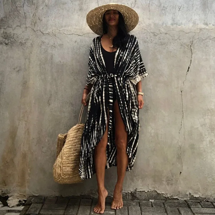 17 Colors Retro Striped Self Belted Bikini Cover-ups Women Summer Kimono Beach Dress Beach Wear Swim Suit Cover Up