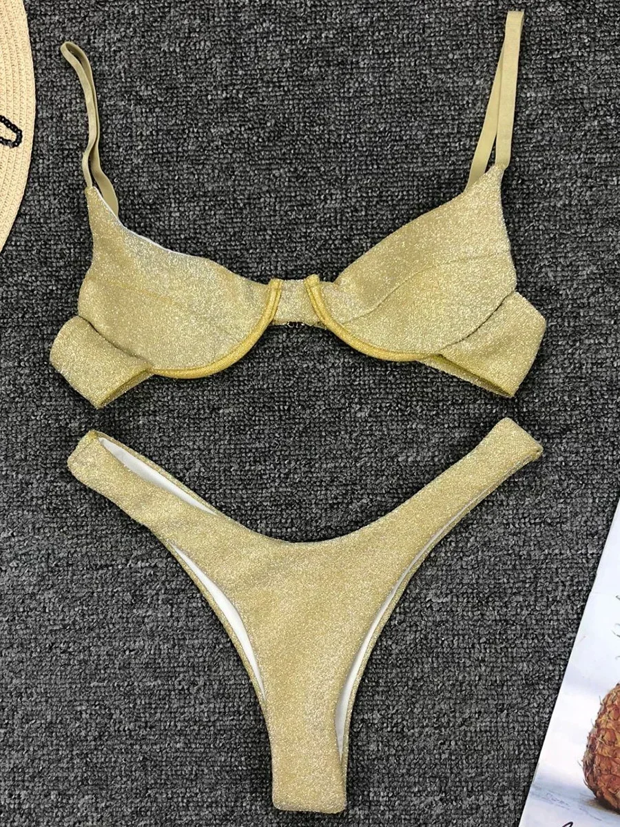 Maillot de bain deux pièces à armatures scintillantes pour femmes, bikini Push Up, maillots de bain brésiliens pour femmes, maillot de bain imbibé