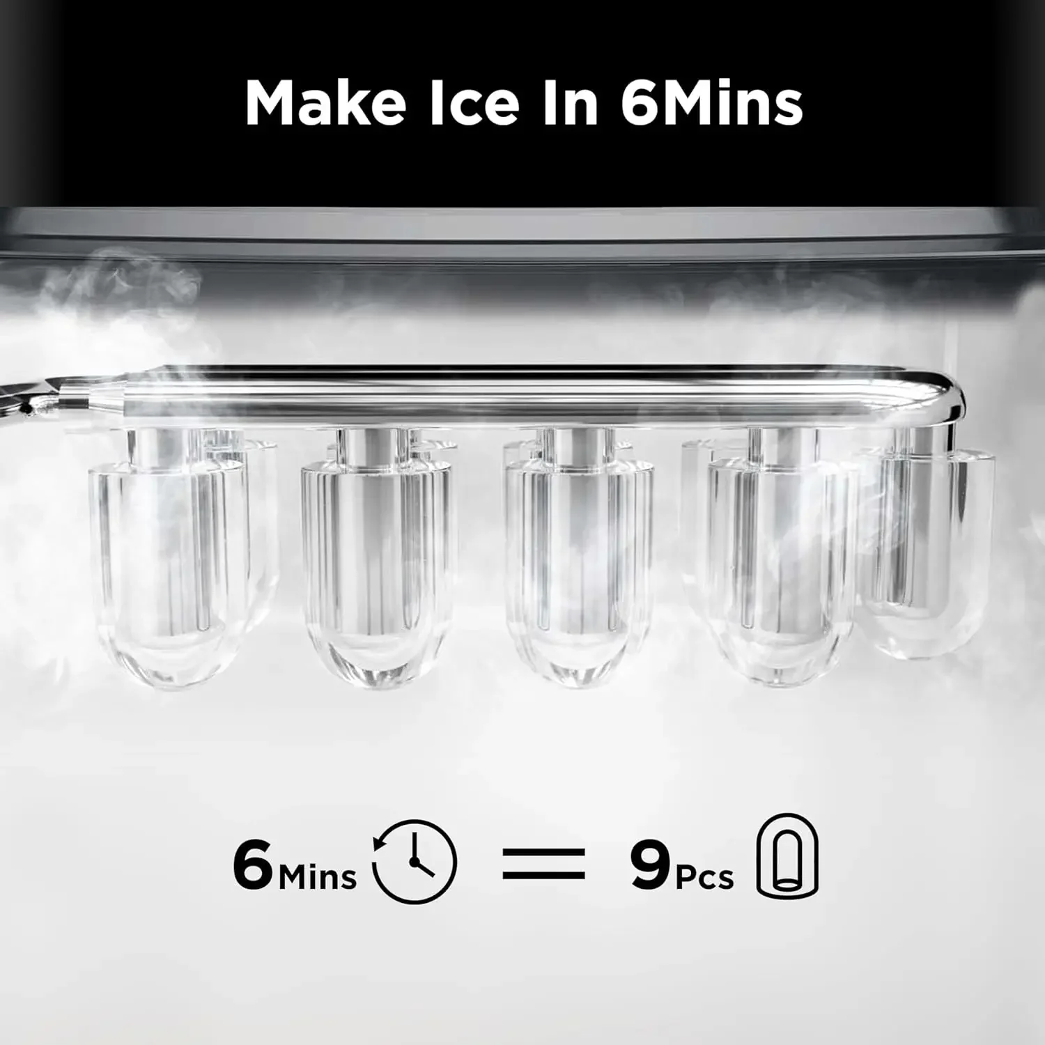 Efficient Countertop Ice Maker Producing 9 perfectly shaped Cubes in just 6 minutes, Generating 26lbs ice in 24Hrs, Convenient S