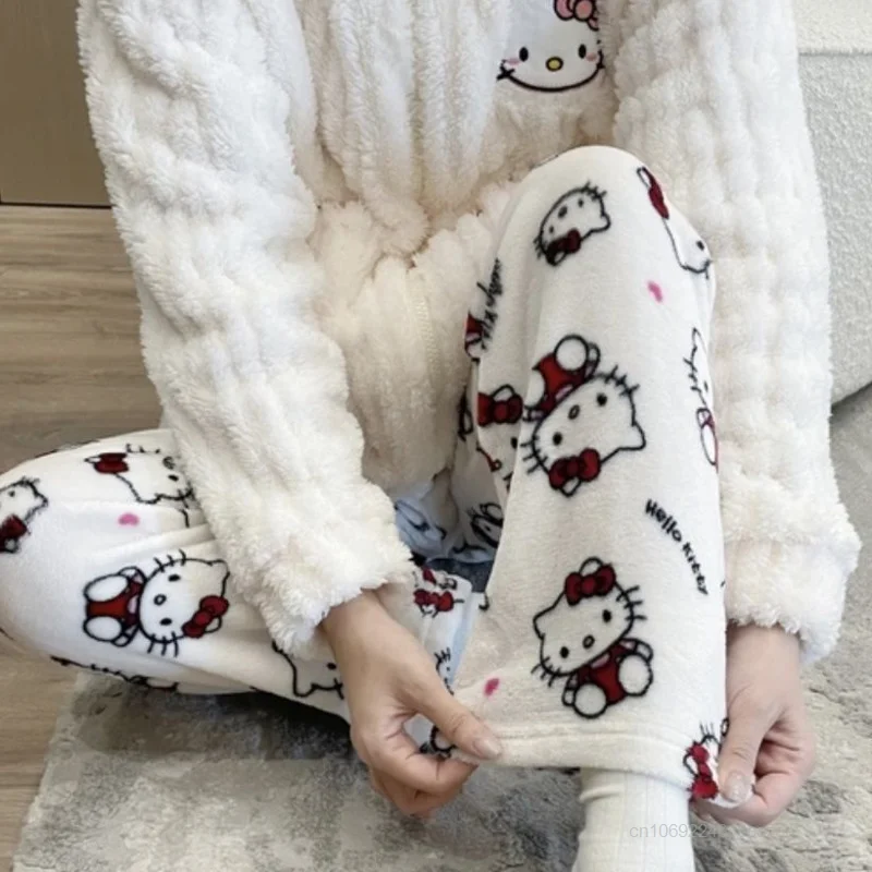 Sanrio Hello Kitty New Plush Home Pants For Women Cartoon Cute Loose Fit Trousers Y2k Harajuku Winter Soft Coral Fleece Pants