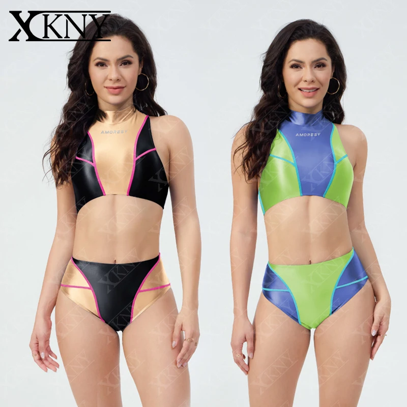 XClocKNYoung satin glossy split body swimsuit colour matching swimsuit I-shaped Bareback Hot Spring  oil swimsuit  AMORESY